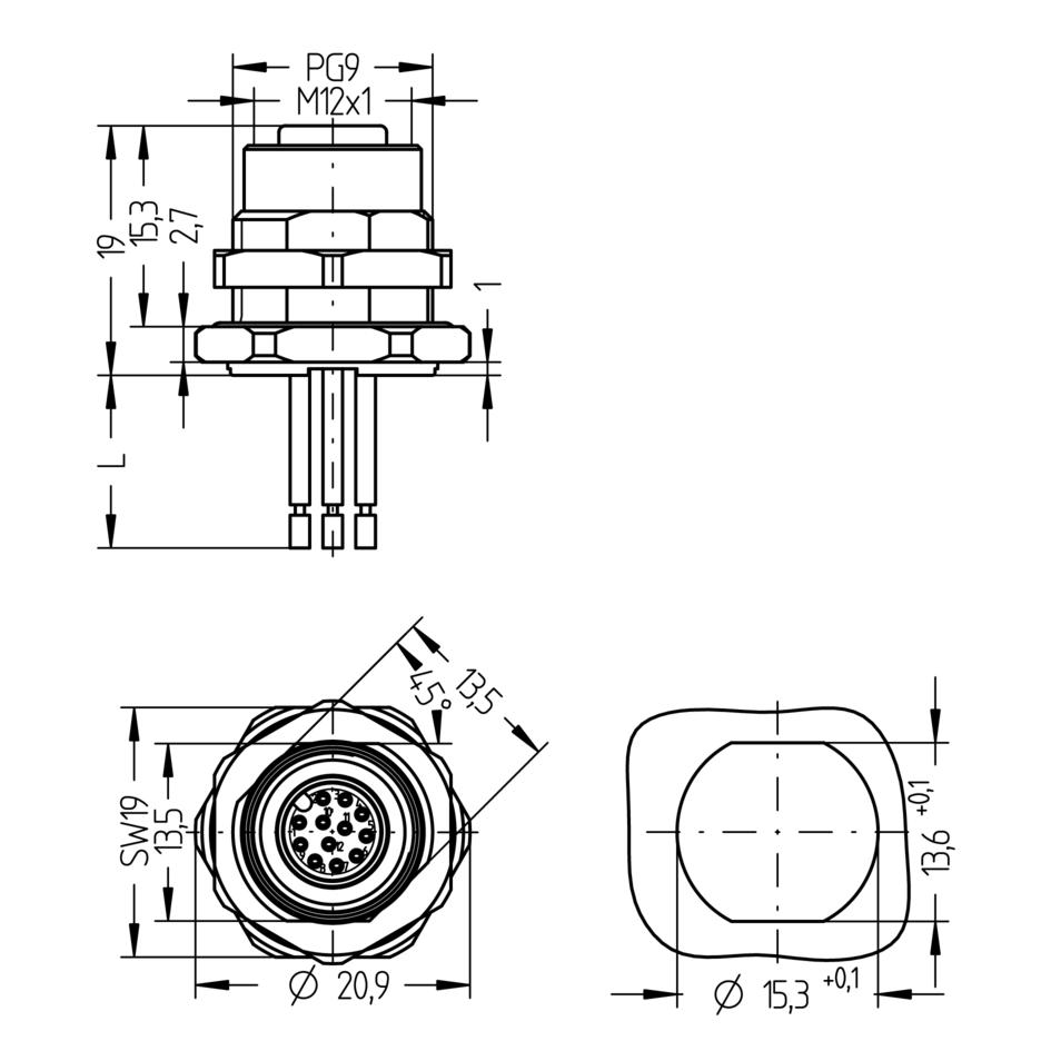 Receptacle, M12, female, straight, 12 poles, back wall-mounting, wire contact