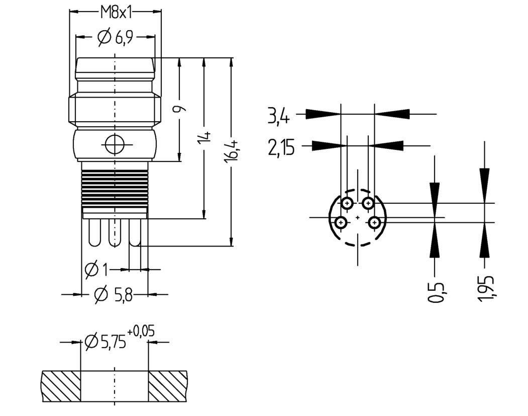 Panel connector, Ø8mm snap, male, straight, 4 poles, print contact