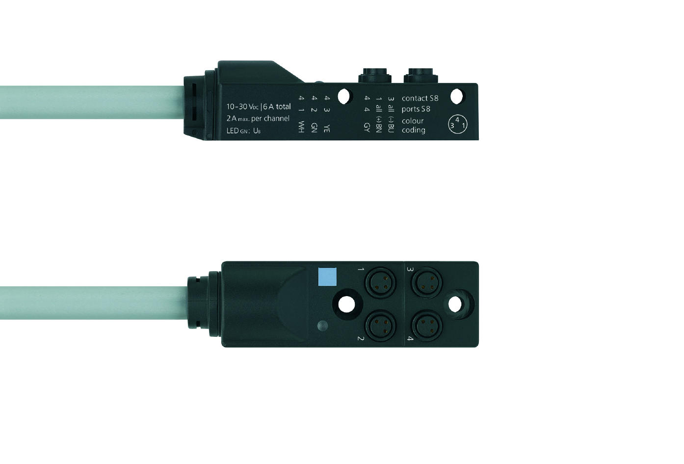 I/O-junctions passive, 4 ports, fixed cable connection, Ø8mm snap, female, 3 poles