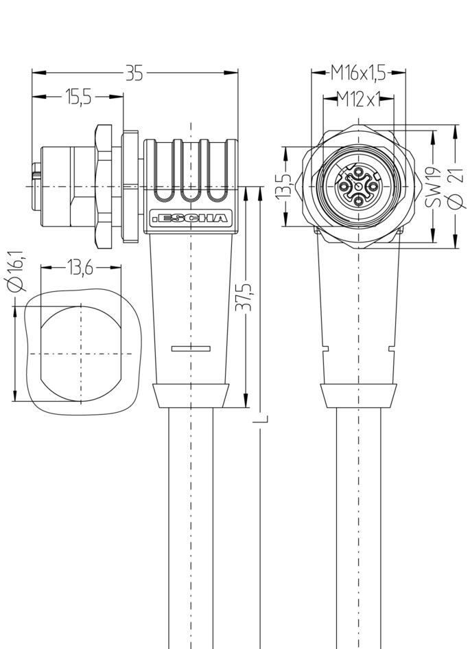 Flansch Anschlussleitung, M12, Buchse, gewinkelt, 4-polig, D-codiert, Hinterwandmontage, geschirmt, Industrial Ethernet
