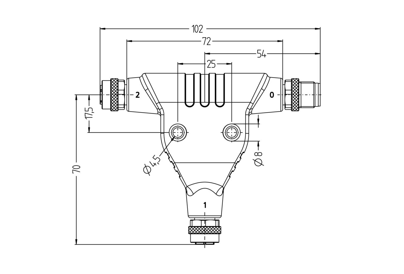 T-Verteiler, M12, Stecker, gerade, 4+PE, K-codiert, M12, Buchse, gerade, 4+PE, K-codiert, M12, Buchse, gerade, 4+PE, K-codiert, POWER