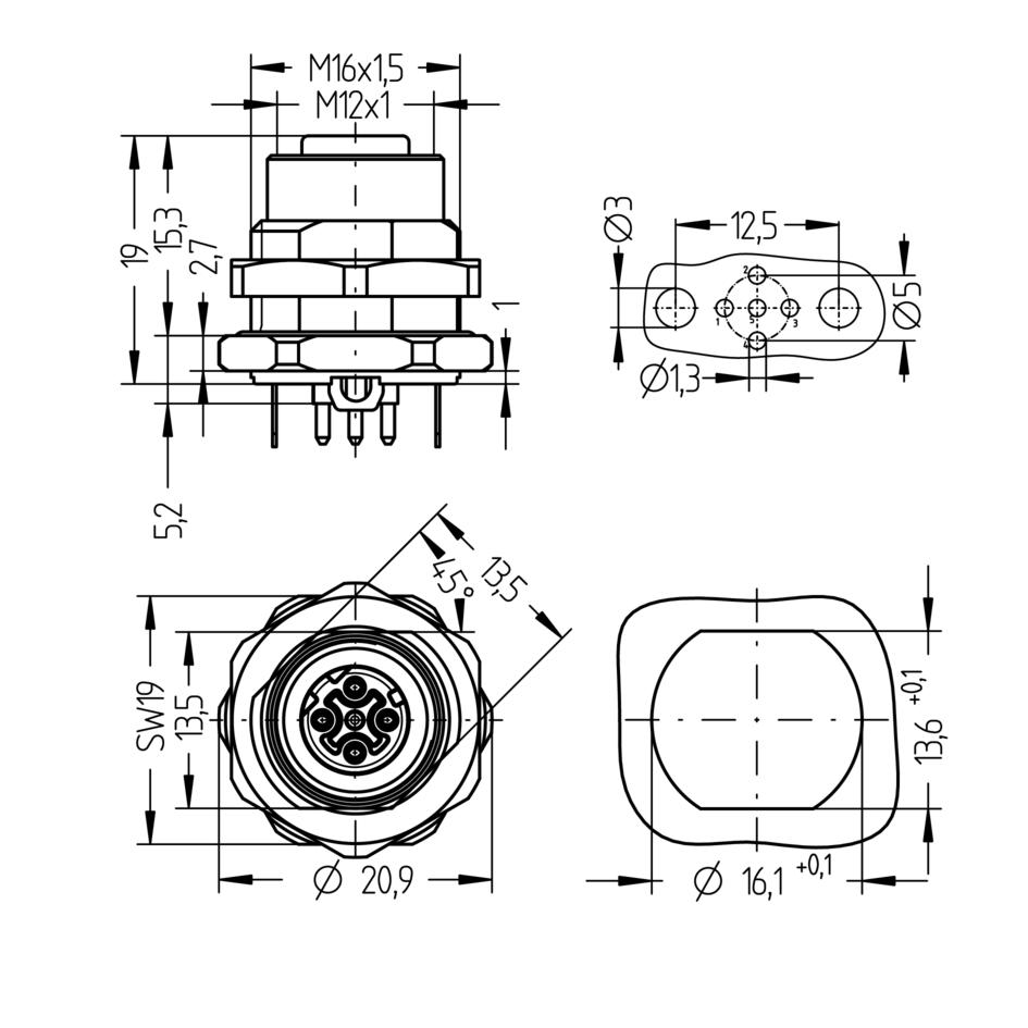 Receptacle, M12, female, straight, 4 poles, D-coded, back wall-mounting, print contact, shielded, Industrial Ethernet