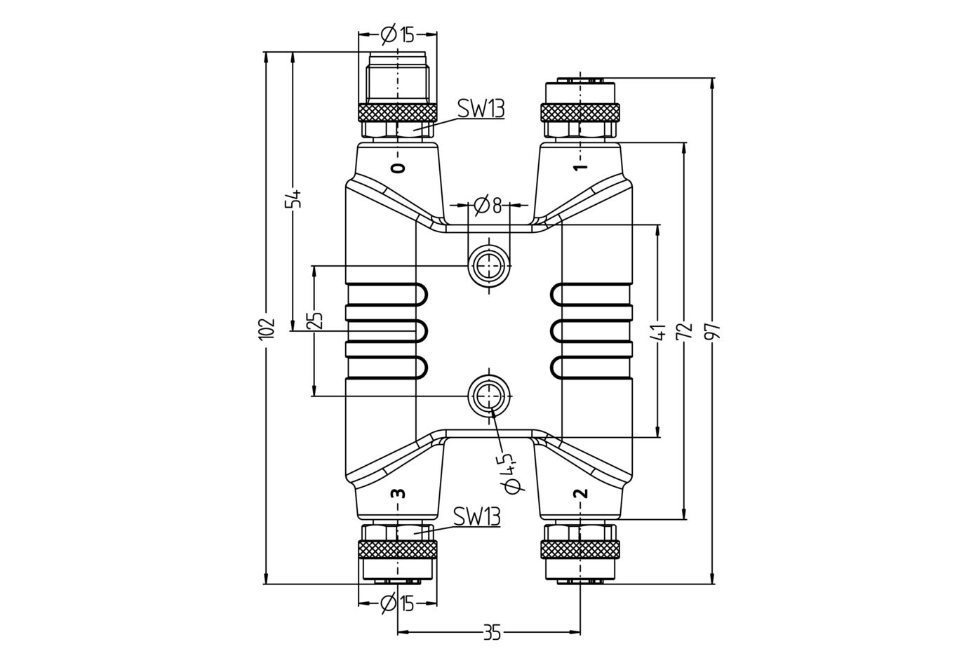 H-splitter, M12, male, straight, 4+PE, K-coded, M12, female, straight, 4+PE, K-coded, POWER