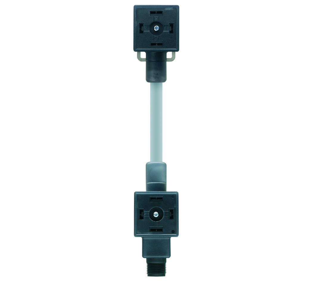 Double-valve connector, housing style A, 2+PE bridged, suppressor diode, M12 contact, sensor-/actuator cable