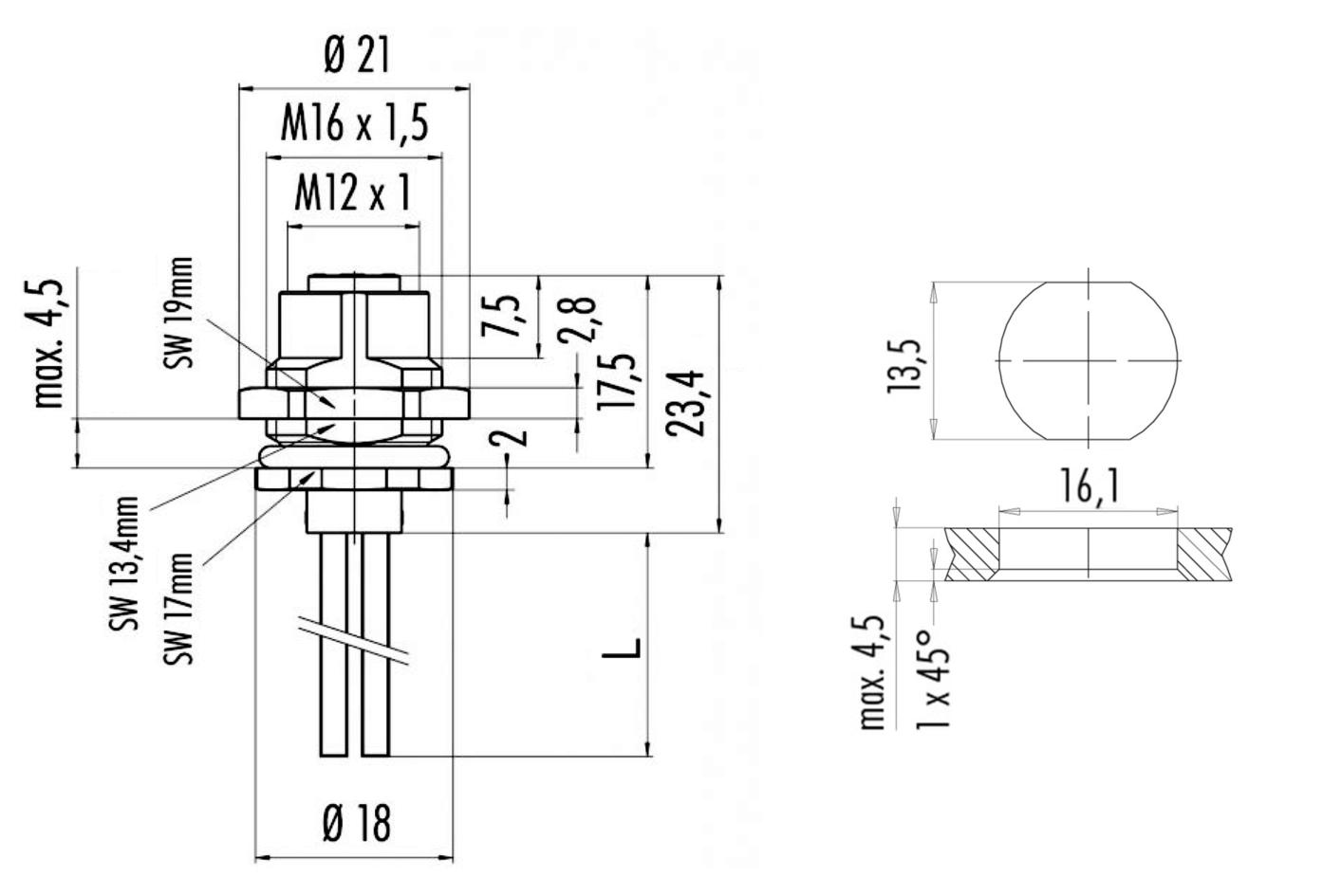 Receptacle, M12, female, straight, 3+PE, S-coded, back wall-mounting, wire contact, POWER