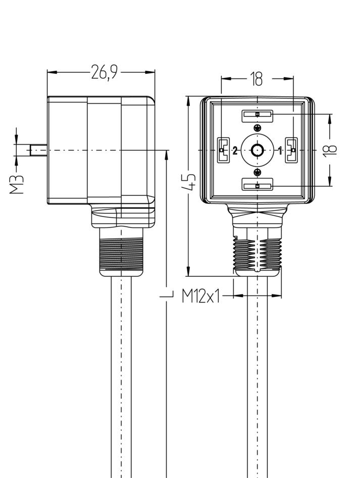 Valve connector, housing style A, angled, 3+PE, grip body with thread, suppressor diode, with LED, rail approved