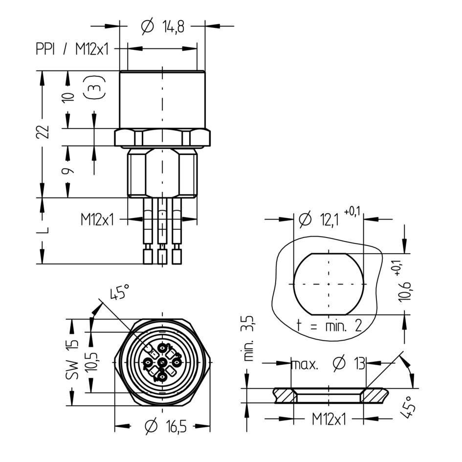 法兰, M12, Push-Pull inner locking, 母头, 直型, 5针脚, 前面板安装, 线芯连接