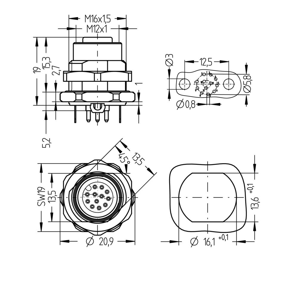 Receptacle, M12, female, straight, 12 poles, back wall-mounting, print contact, shielded