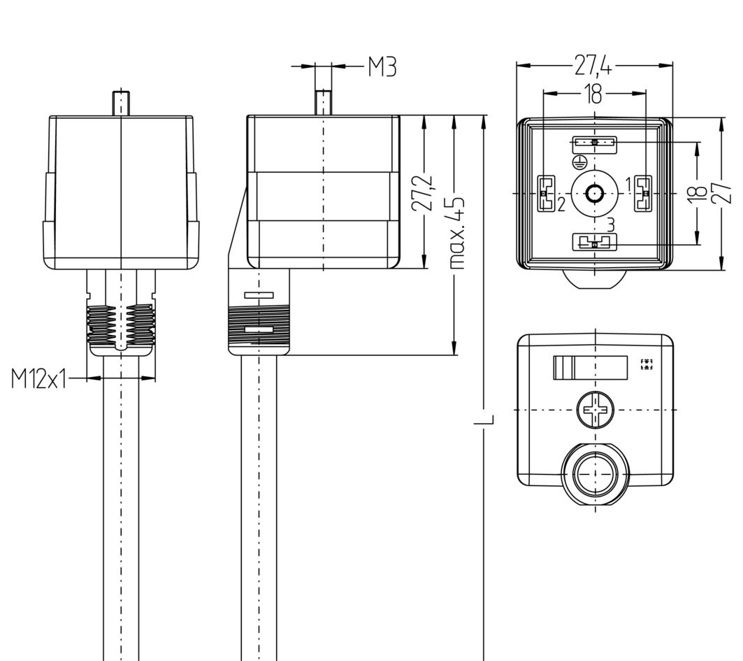 Valve connector, housing style A, straight, 3+PE, wire contact, sensor-/actuator cable