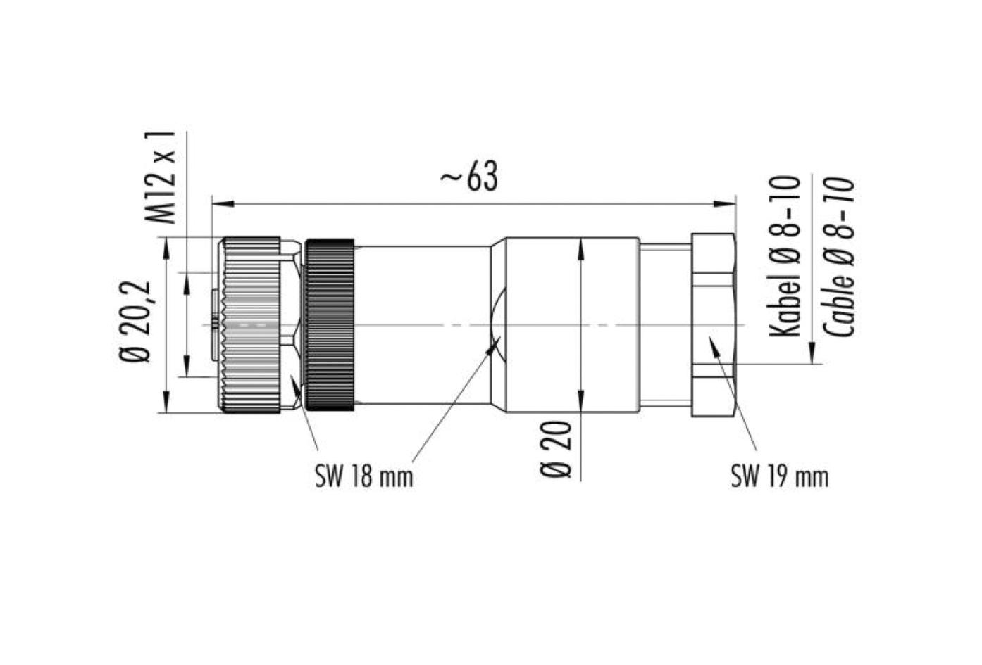 Field-wireable, M12, female, straight, 4 poles, T-coded, screw-/clamp contact, 63V 12A