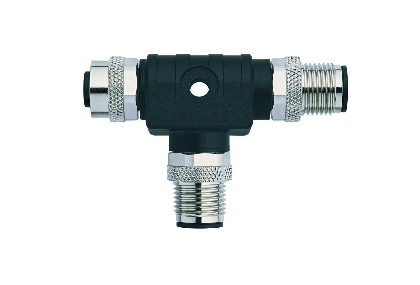 T-Verteiler, M12, Buchse, gerade, 4-polig, M12, Stecker, gerade, 4-polig, M12, Stecker, gerade, 4-polig
