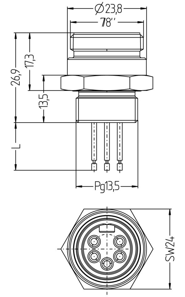 Flansch, 7/8", Stecker, gerade, 5-polig, Vorderwandmontage, Litzenanschluss, Sensor-/Aktor