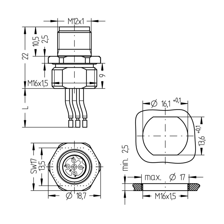 法兰, M12, 公头, 直型, 5针脚, B-编码, 前面板安装, 线芯连接, Profibus