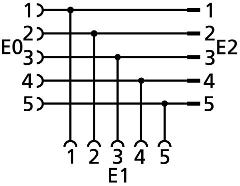 T-splitter, M12, female, straight, 5 poles, M12, female, straight, 5 poles, M12, male, straight, 5 poles