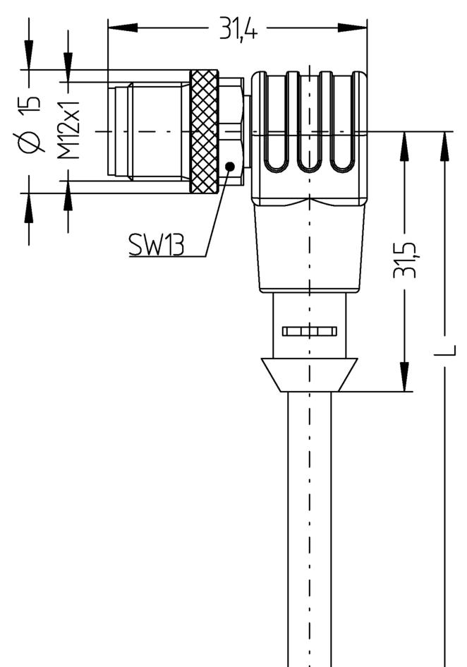 M12, 公头, 弯型, 3针脚, 传感器/执行器电缆