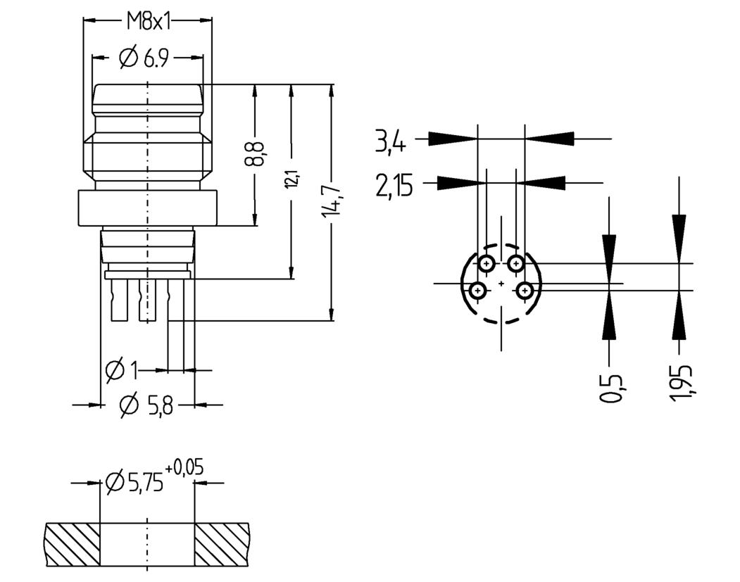 Einbaustecker, M8, Stecker, gerade, 4-polig, Lötanschluss