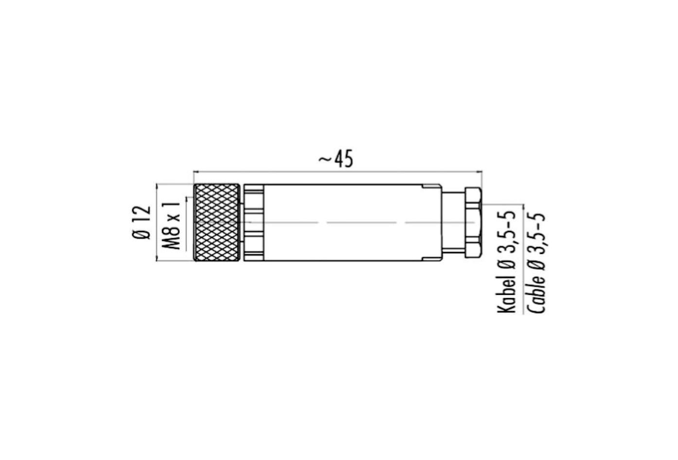 Field-wireable, M8, female, straight, 3 poles, screw-/clamp contact, 60V 4A