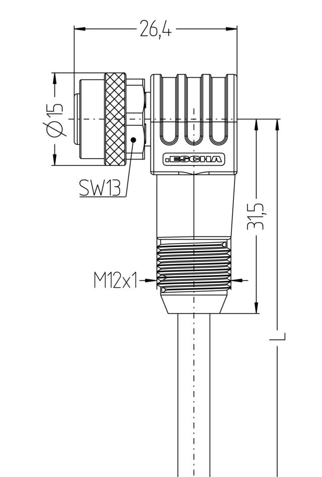 M12, female, angled, 4 poles, grip body with thread, sensor-/actuator cable