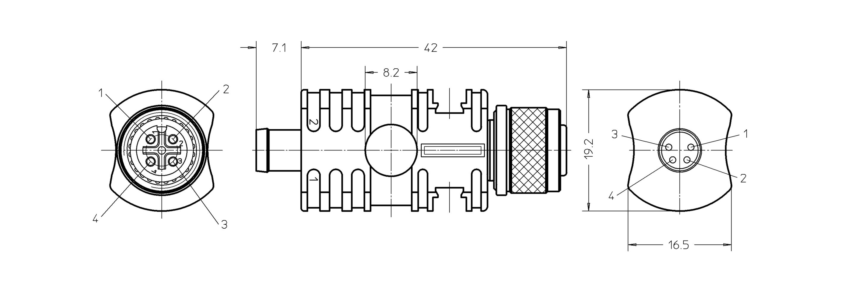 Adapter, M12, female, straight, 4 poles, Ø8mm snap, male, straight, 4 poles