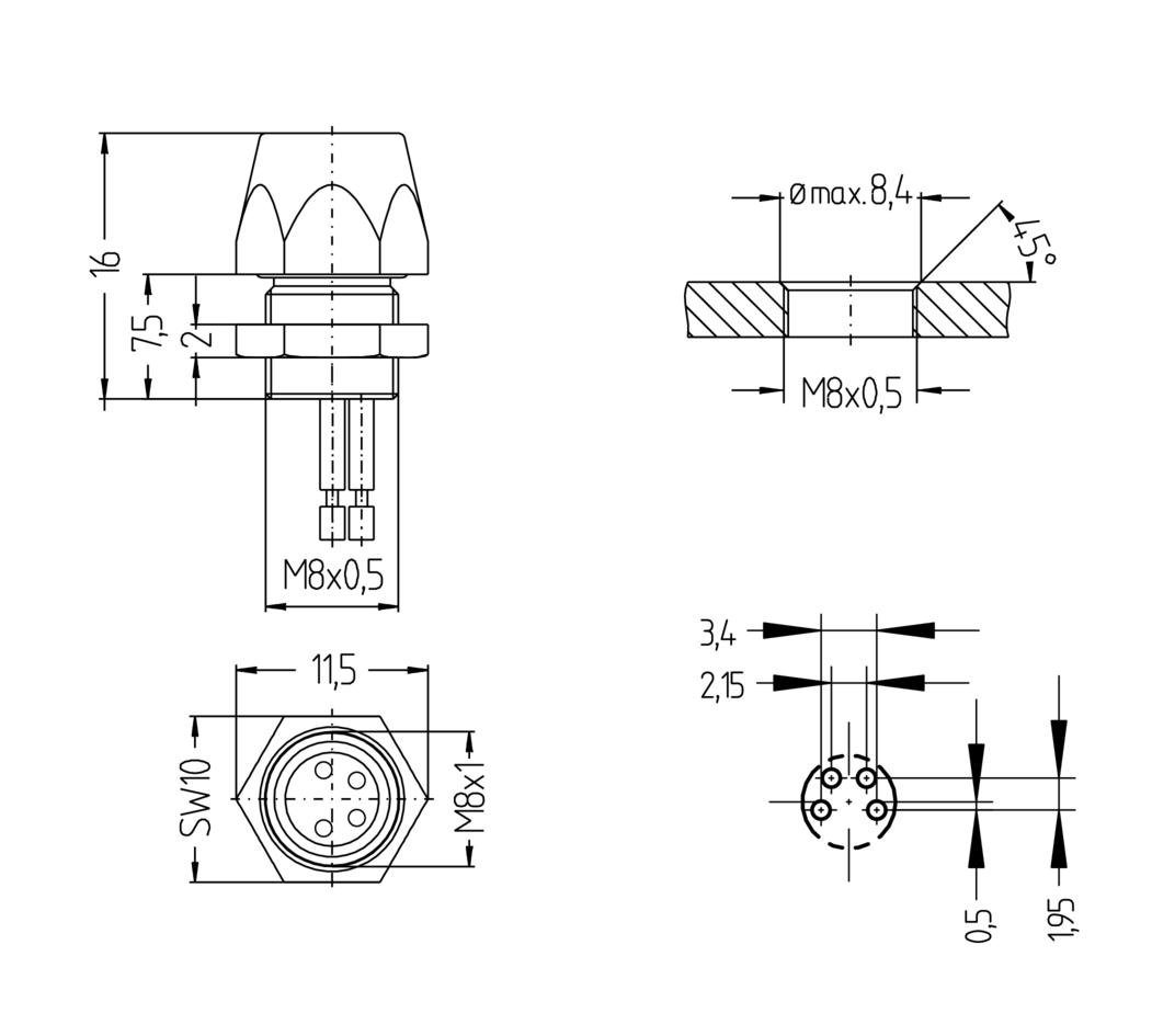 Receptacle, female, straight, 4 poles, front wall-mounting, wire contact