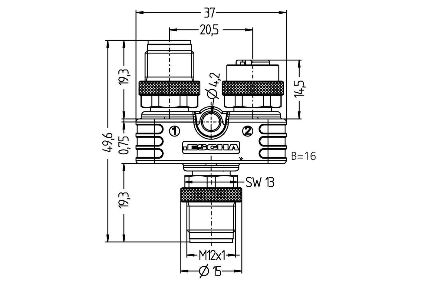 Y-splitter, M12, male, straight, 5 poles, M12, male, straight, 5 poles, M12, female, straight, 5 poles, shielded