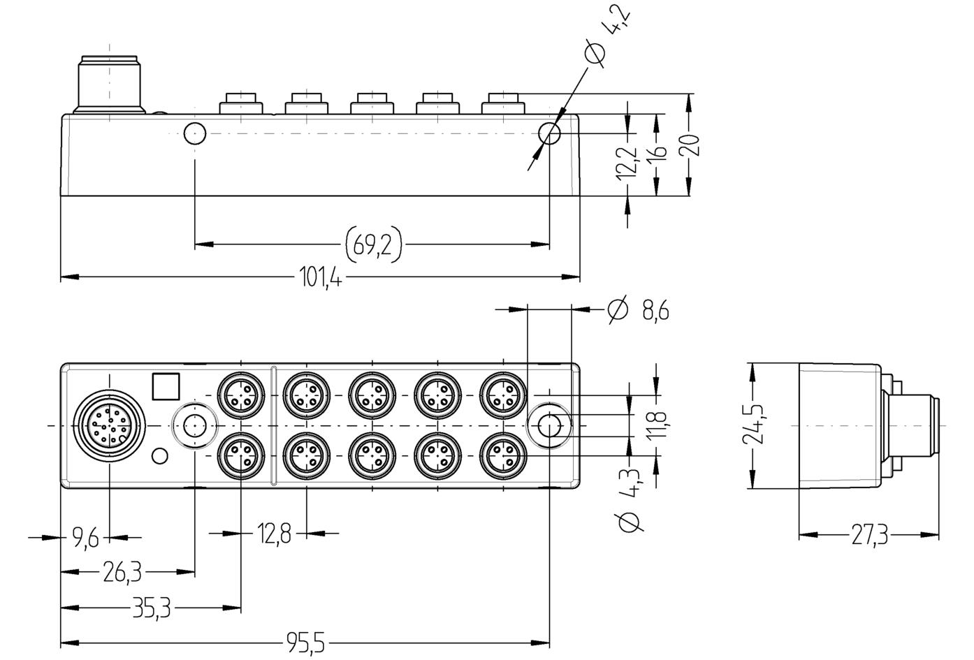 I/O-junctions passive, 10 ports, top contact, Ø8mm snap, female, 3 poles, M12, male, 12 poles