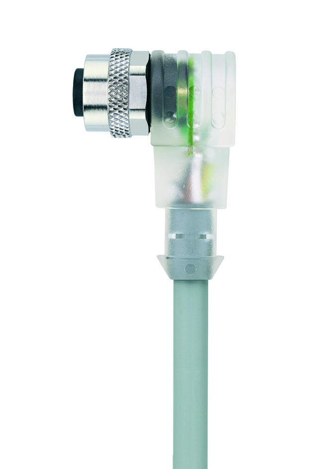 Y-Verteiler, M12, Stecker, gerade, 4-polig, mit Kabelabgang, M12, Buchse, gewinkelt, 3-polig, M12, Buchse, gewinkelt, 3-polig, mit LED