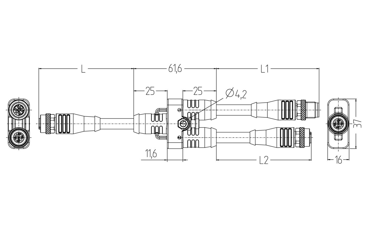 Y-Verteiler, M12, Buchse, gerade, 5-polig, mit Kabelabgang, M12, Stecker, gerade, 5-polig, M12, Buchse, gerade, 5-polig, geschirmt, Sensor-/Aktorleitung