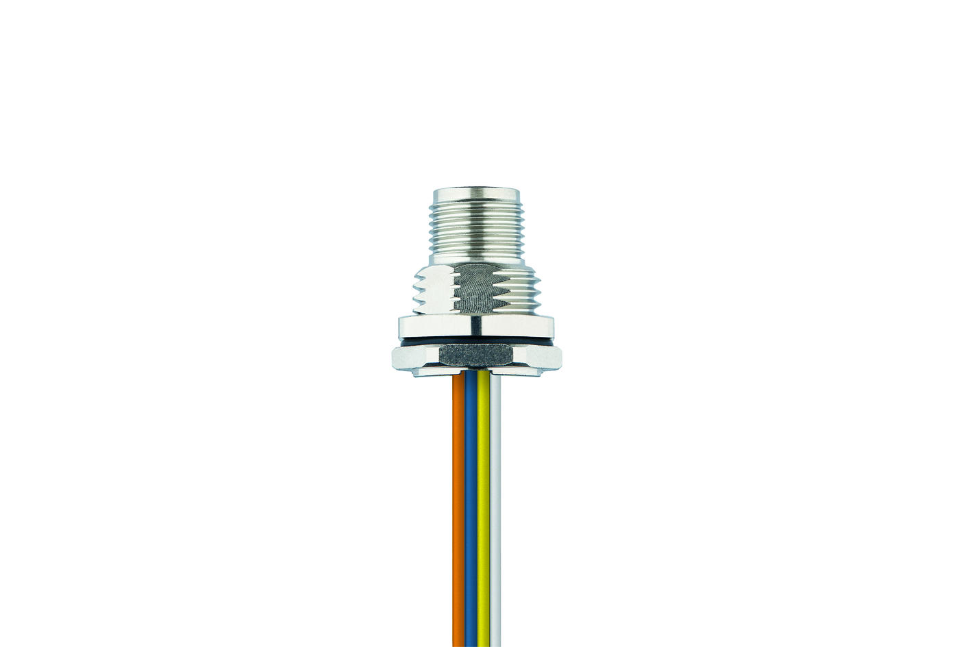 Receptacle, M12, male, straight, 4 poles, D-coded, back wall-mounting, wire contact, stainless steel, Industrial Ethernet
