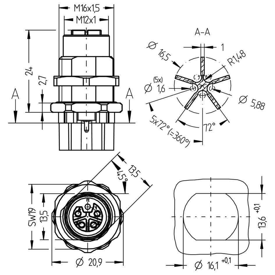 Flansch, M12, Buchse, gerade, 4+FE, L-codiert, Hinterwandmontage, mit Isolierkreuz, Printanschluss, POWER