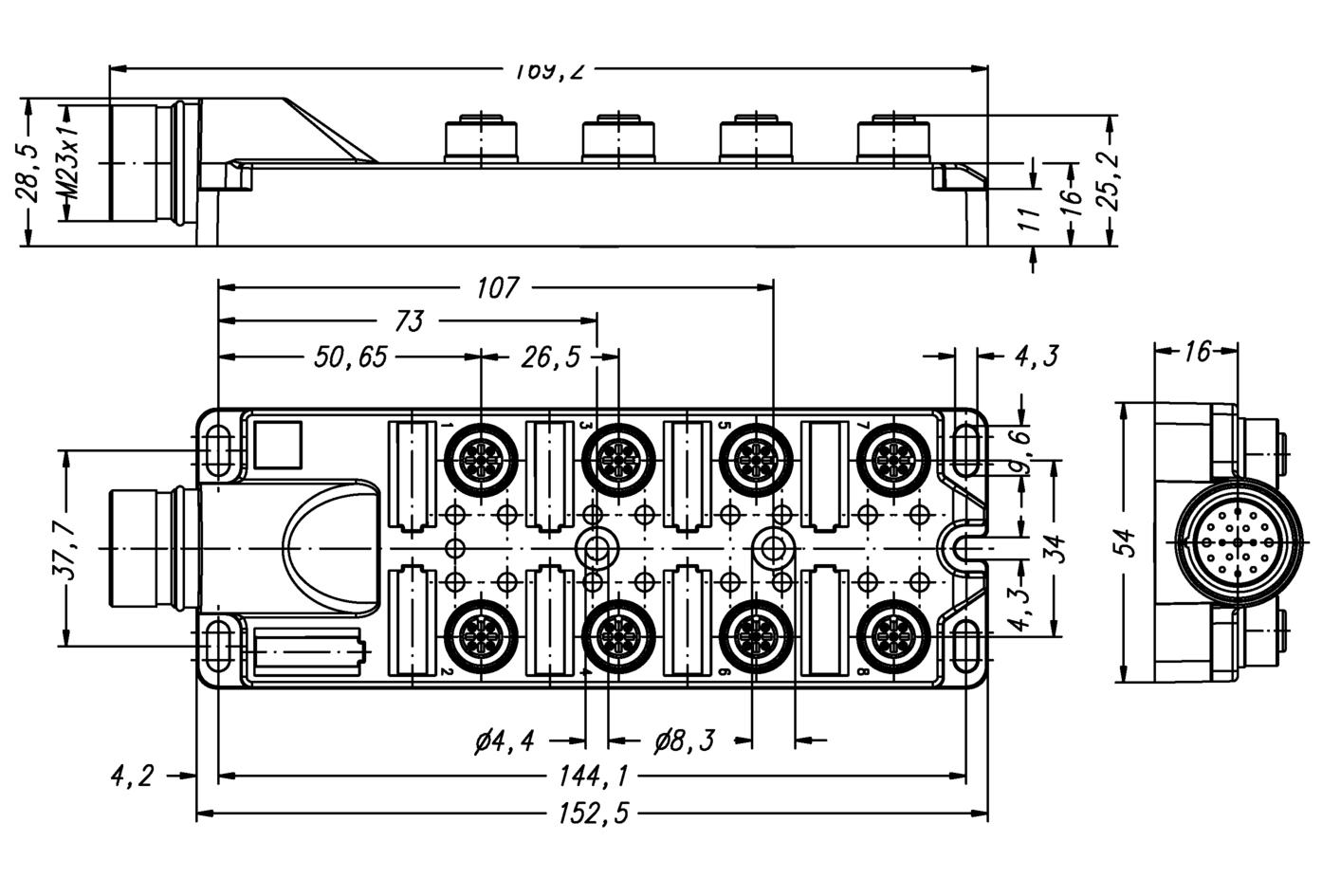 I/O-junctions passive, 8 ports, front contact, M12, female, 4+PE, M23, male, 19 poles