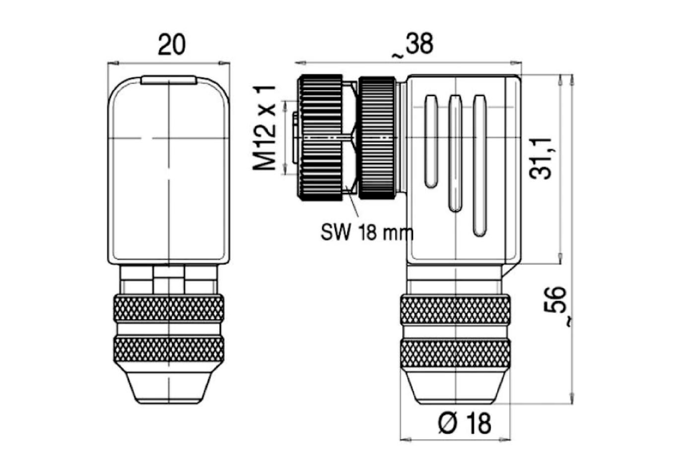 Field-wireable, M12, female, angled, 5 poles, B-coded, screw-/clamp contact, shielded, 125V 4A