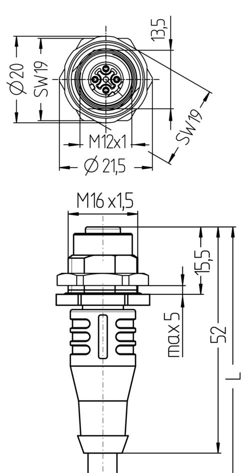 法兰 延长电缆 连接电缆, M12, 母头, 直型, 4针脚, D-编码, M12, 公头, 直型, 4针脚, D-编码, 屏蔽, 铁路认证