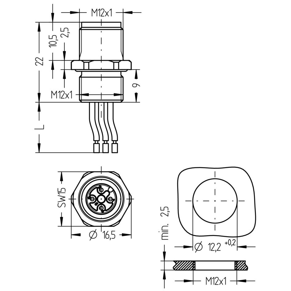 Receptacle, M12, male, straight, 4 poles, front wall-mounting, wire contact, rail approved