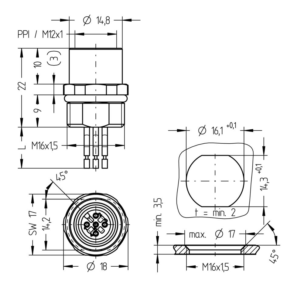Receptacle, M12, Push-Pull inner locking, female, straight, 5 poles, front wall-mounting, wire contact