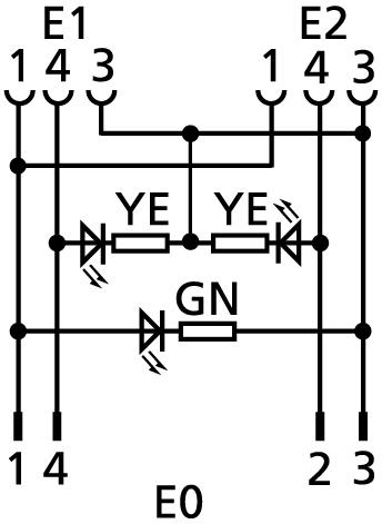 Y-splitter, M8, male, straight, 4 poles, M8, female, straight, 3 poles, M8, female, straight, 3 poles, with LED
