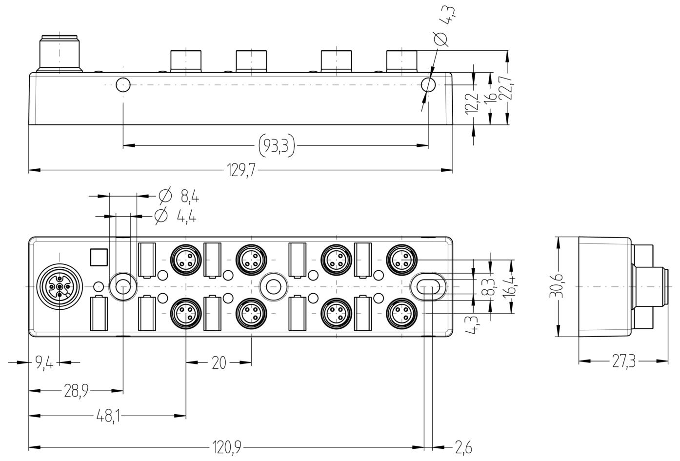 I/O-Modul passiv, 8 Ports, Topanschluss, M8, Buchse, 3-polig, M12, Stecker, 5-polig