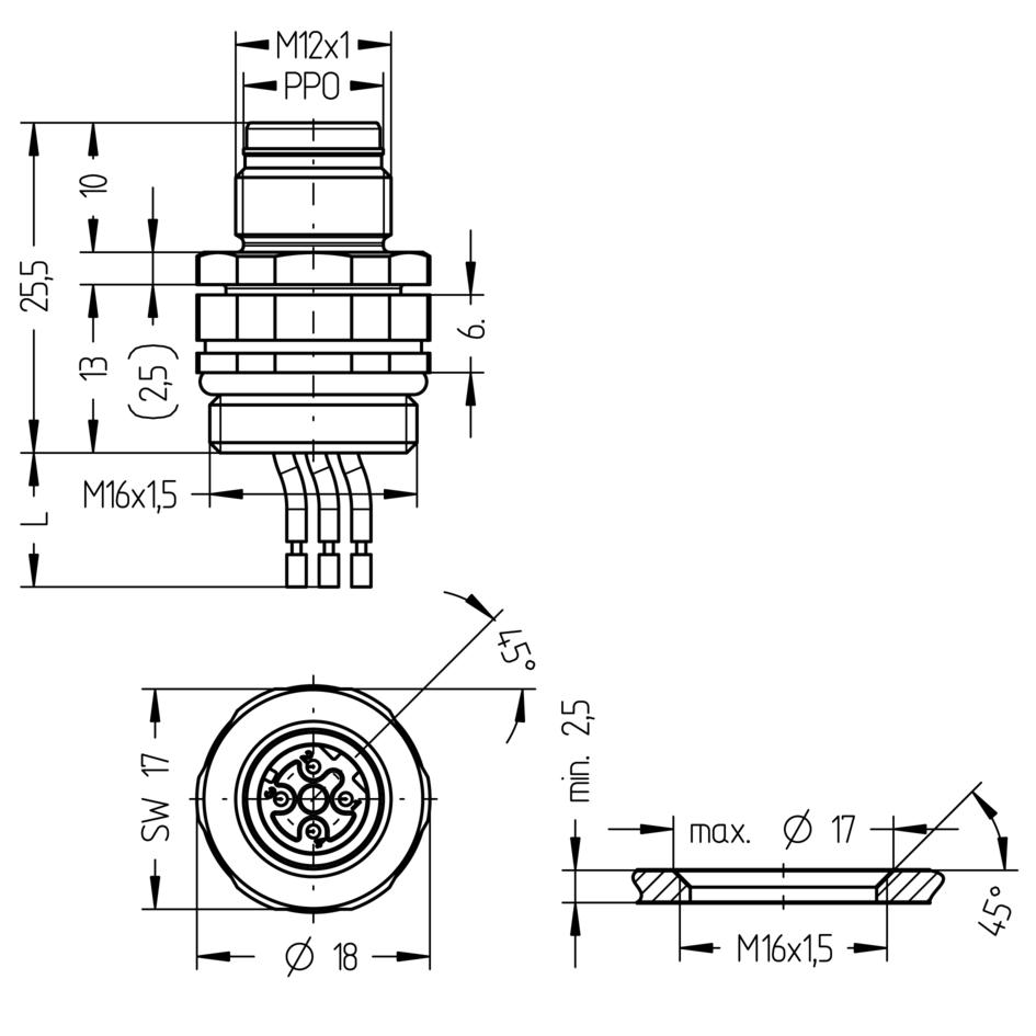 法兰, M12, Push-Pull outer locking, 公头, 直型, 4针脚, D-编码, 前面板安装, 线芯连接, 工业以太网