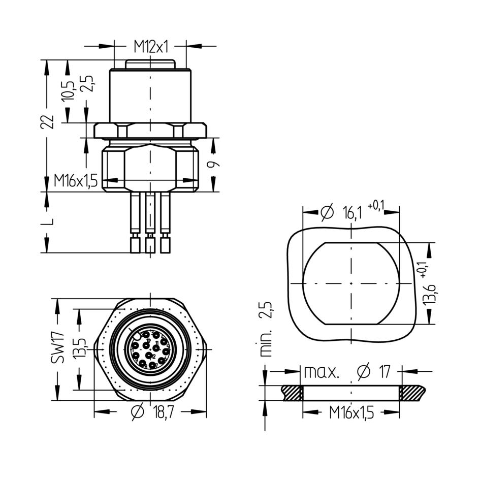 Receptacle, M12, female, straight, 12 poles, front wall-mounting, wire contact