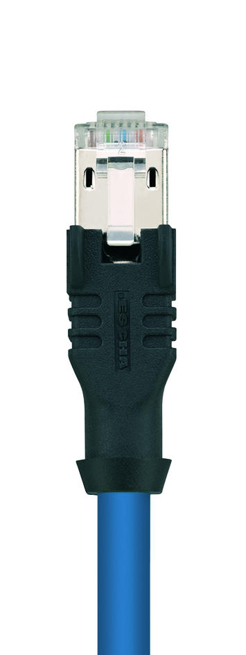 M12, female, angled, 4 poles, D-coded, RJ45, male, straight, 4 poles, shielded, rail approved