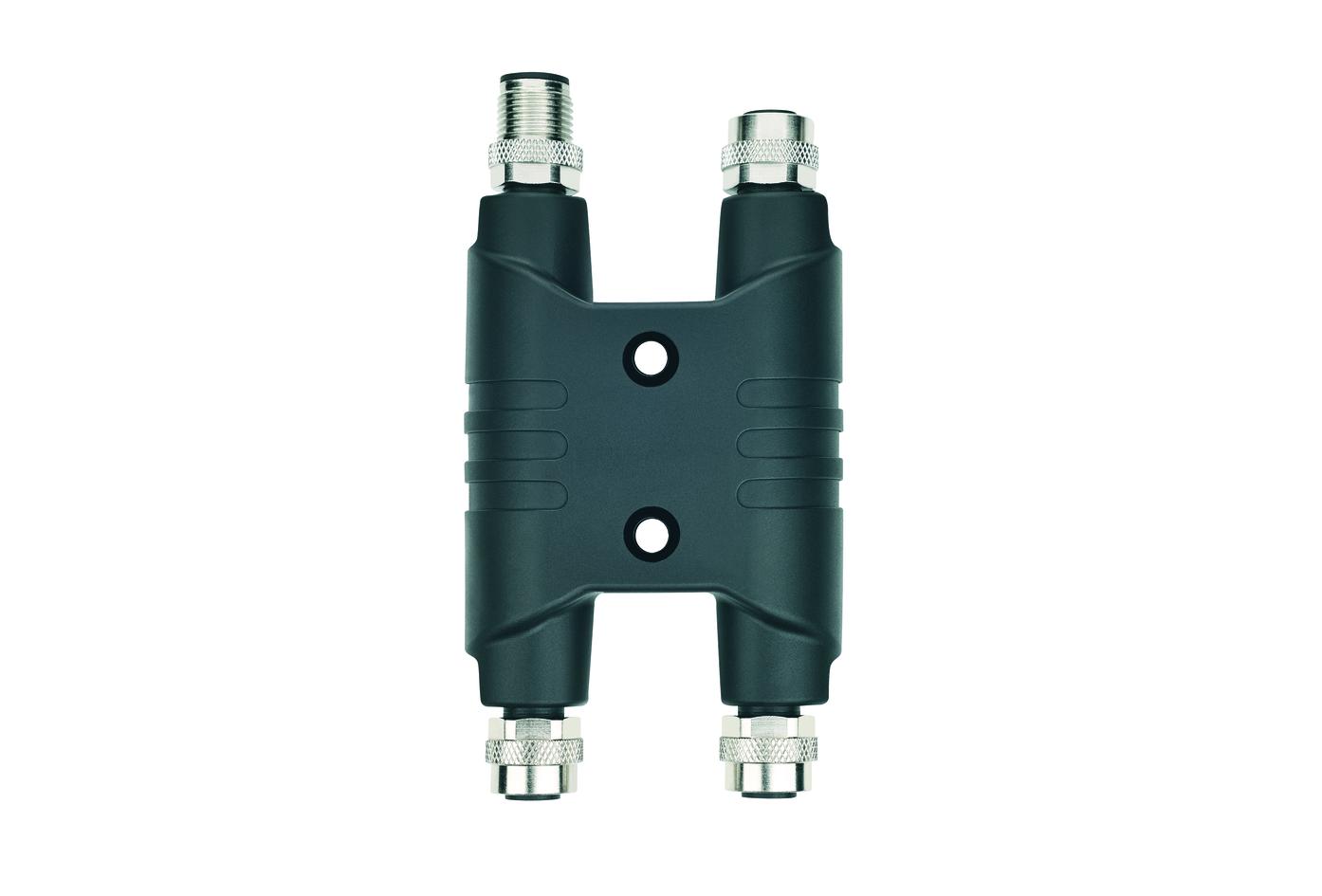 H-splitter, M12, male, straight, 4+PE, K-coded, M12, female, straight, 4+PE, K-coded, POWER