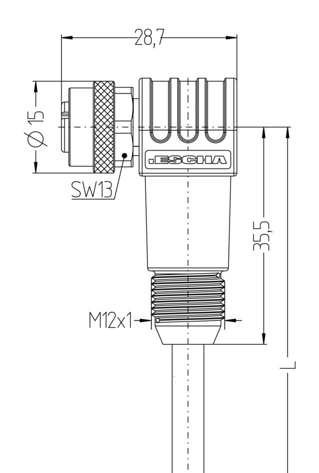 M12, female, angled, 4 poles, D-coded, grip body with thread, shielded, rail approved