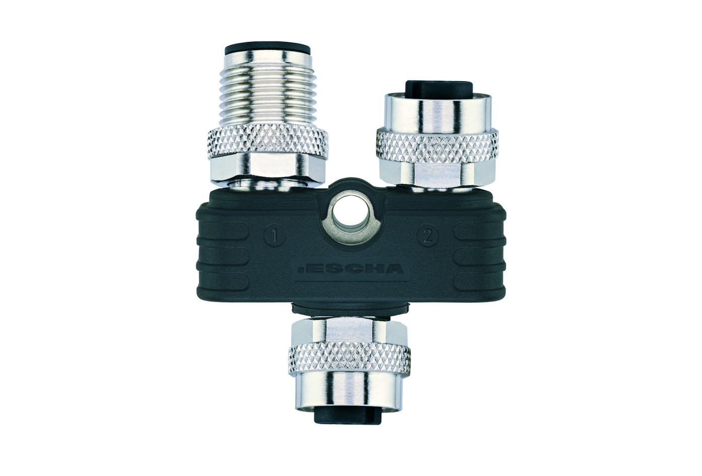 Y-splitter, M12, female, straight, 5 poles, M12, male, straight, 5 poles, M12, female, straight, 5 poles, shielded