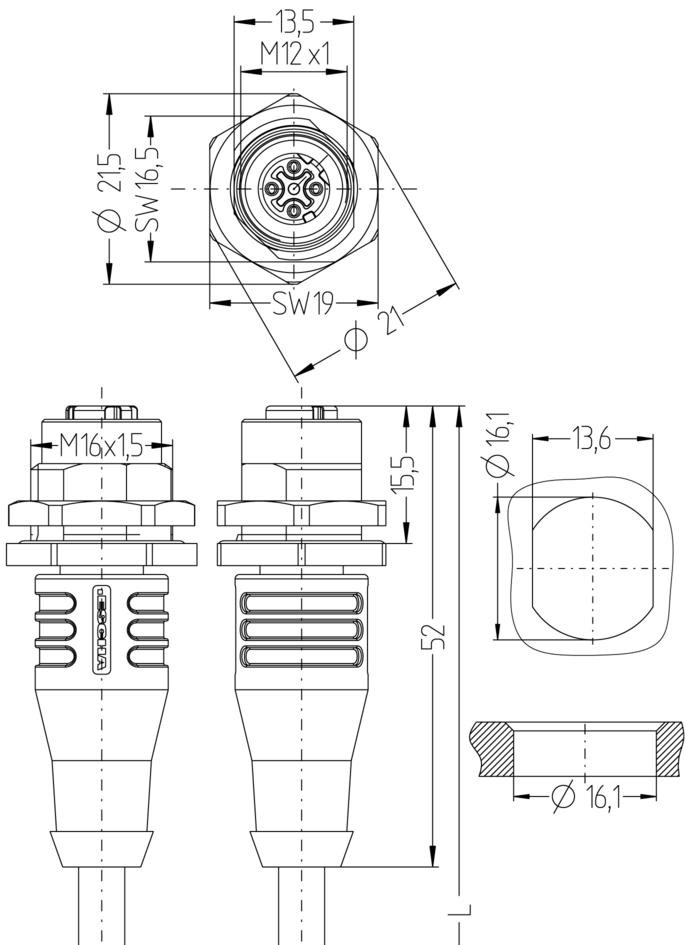 法兰 延长电缆, M12, 母头, 直型, 4针脚, D-编码, RJ45, 公头, 直型, 8针脚, 屏蔽, 工业以太网
