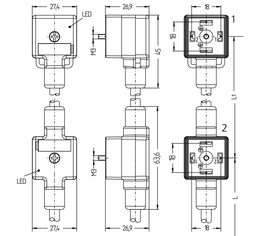 Double-valve connector, housing style A, 2+PE bridged, suppressor diode, sensor-/actuator cable
