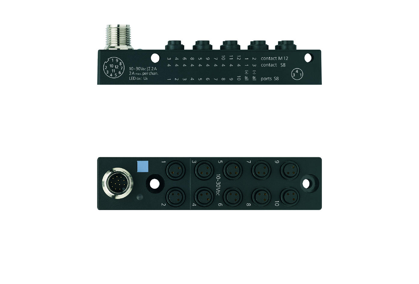 I/O-junctions passive, 10 ports, top contact, Ø8mm snap, female, 3 poles, M12, male, 12 poles