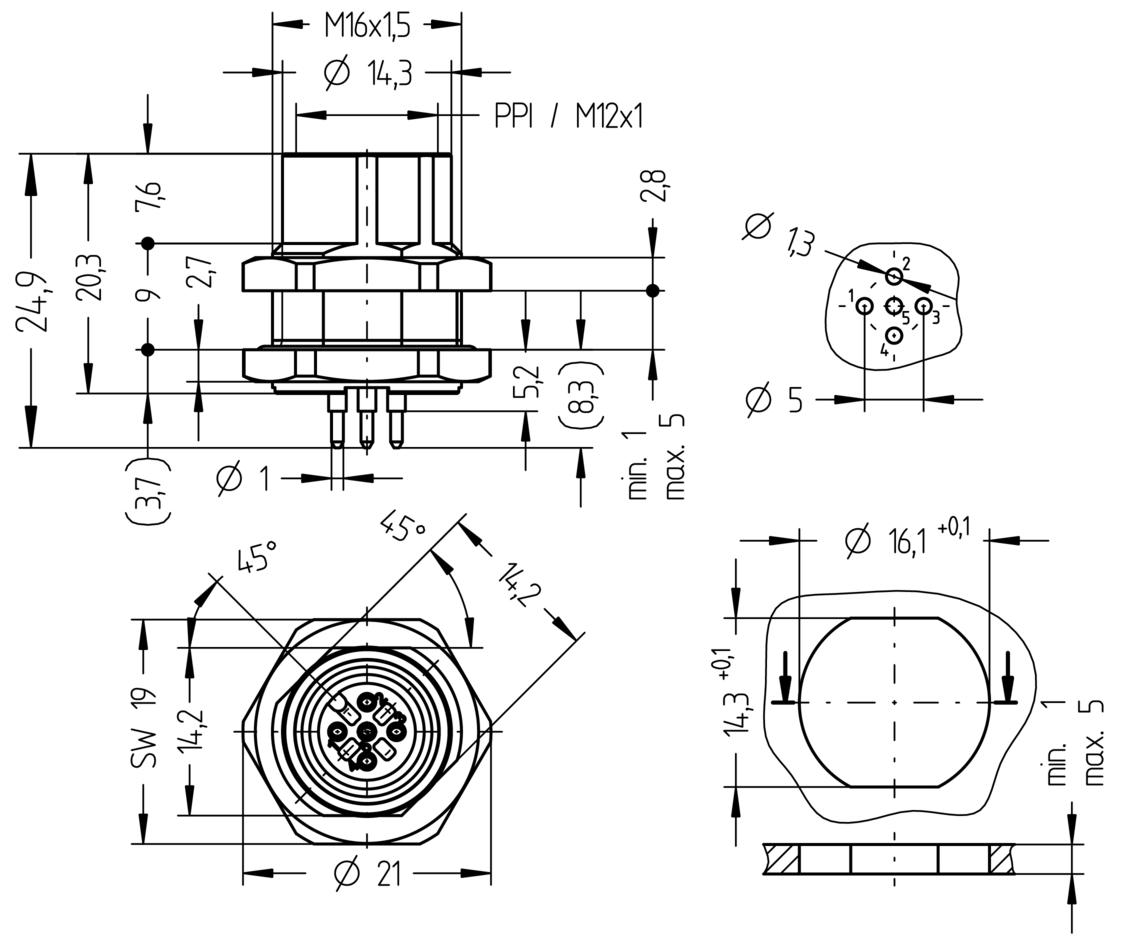 Receptacle, M12, Push-Pull inner locking, female, straight, 4+PE, back wall-mounting, print contact