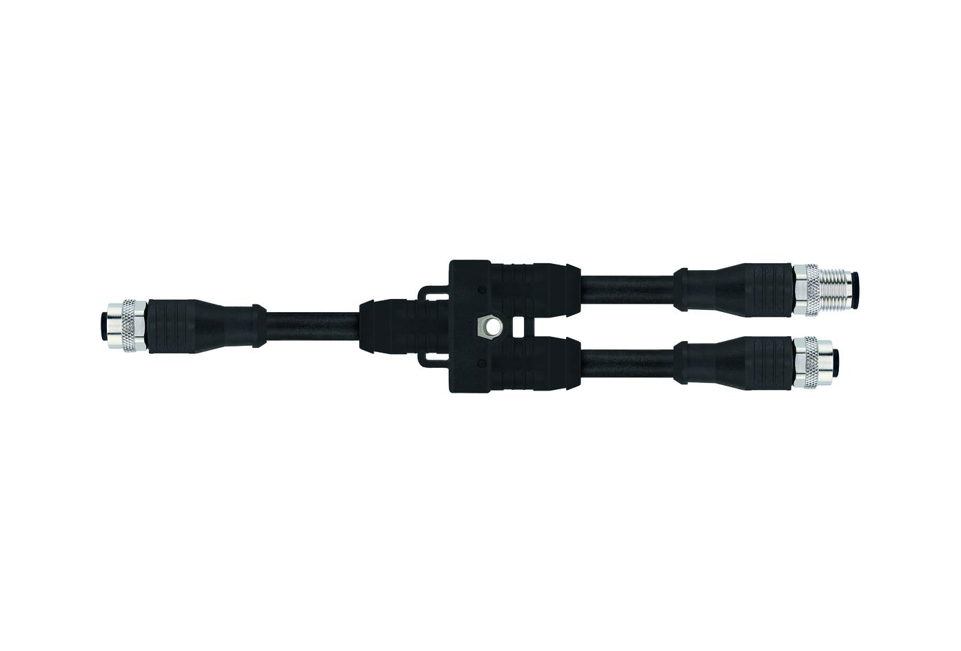 Y-Verteiler, M12, Buchse, gerade, 5-polig, mit Kabelabgang, M12, Stecker, gerade, 5-polig, M12, Buchse, gerade, 5-polig, geschirmt, CANopen/DeviceNet