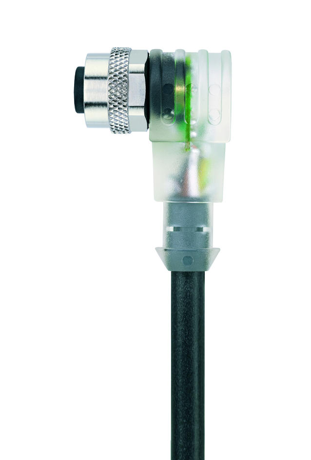 Y-splitter, M12, male, straight, 4 poles, with cable outlet, M12, female, angled, 3 poles, M12, female, angled, 3 poles, with LED