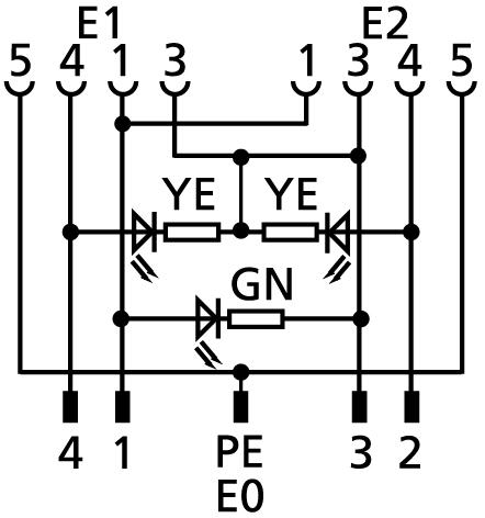 Y-splitter, M12, male, straight, 5 poles, M12, female, straight, 5 poles, M12, female, straight, 5 poles, with LED